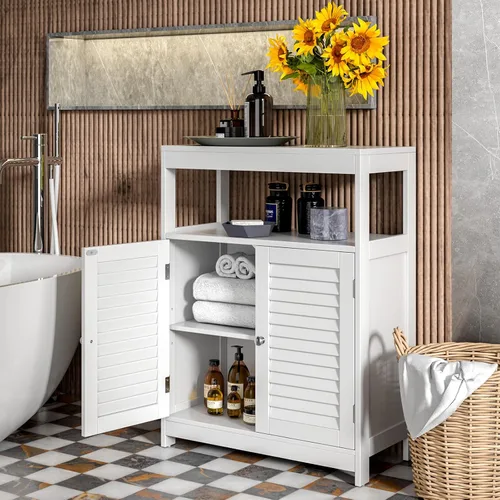Miniatura 4 de Tangkula Armario de almacenamiento para baño, armario de almacenamiento independiente con puertas de doble persiana y estantes ajustables de 3