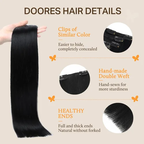 Miniatura 3 de DOORES - Extensiones de cabello humano con clip, color negro azabache de 18 pulgadas, 7 unidades, 120 g, extensiones de cabello humano real Remy