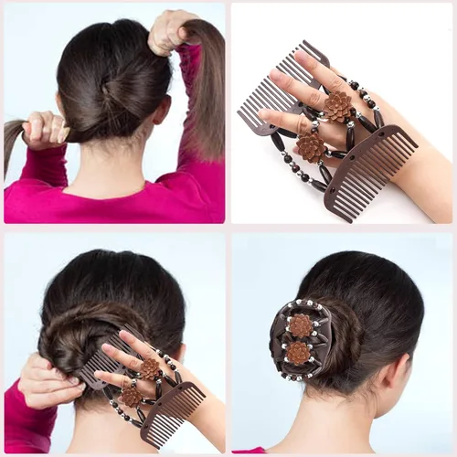 Miniatura 3 de Yeshan Peines Mágicos para el Cabello para Mujeres con Cuentas de Madera Elásticos Extensibles Dobles Peines Laterales Ajustables Clips Elásticos