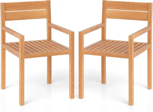 Miniatura 10 de Tangkula Silla de madera de teca para exteriores, sillón de comedor con asiento y respaldo de tablillas, muebles de asiento de madera maciza