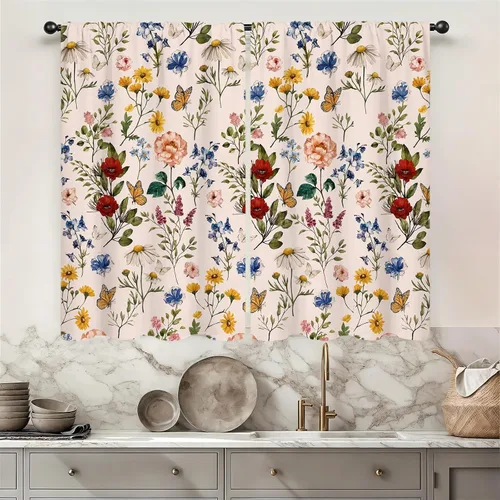 Miniatura 14 de Cortinas de cocina vintage retro de madera, con bolsillo para cortinero, 27.5 pulgadas de ancho x 39 pulgadas de largo, 2 paneles de flores blancas