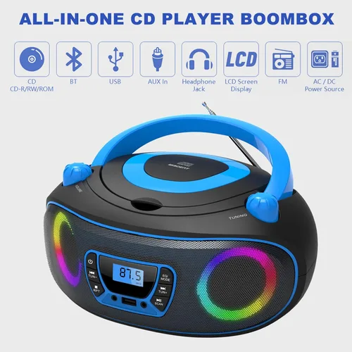 Miniatura 2 de Reproductor de radio portátil CD Boombox con Bluetooth, radio FM, reproducción de MP3 por USB, entrada AUX, conector para auriculares, compatible