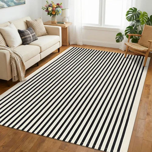 Miniatura 30 de KOZYFLY Alfombra a rayas blancas y negras de 2 x 3 pies, tejido de algodón, lavable, para interiores y exteriores, alfombra pequeña para puerta