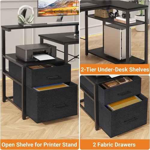Miniatura 7 de Aheaplus Escritorio en forma de L con cajón de archivos, escritorio reversible en forma de L para computadora y juegos con toma de corriente