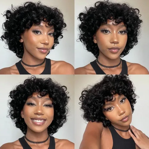 Miniatura 2 de Pelucas de cabello humano corto rizado Bob peluca para mujeres negras, sin encaje, peluca rizada grande con flequillo, corte pixie, pelucas Negro