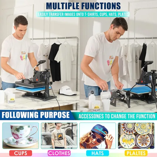 Miniatura 8 de AKEYDIY Máquina de prensa de calor profesional 5 en 1 para camisetas, combo de prensa de calor digital, 12 x 15 pulgadas, máquina de prensa