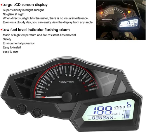 Miniatura 2 de Acouto Velocímetro de motocicleta para 300 6 engranajes LCD motocicleta odómetro tacómetro velocidad medidor de combustible 15000RPM 0.0-123.7 mi/h