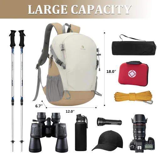 Miniatura 3 de Mochila de senderismo para hombres y mujeres, mochila de viaje ligera de 25 litros para acampar al aire libre Blanco y marrón