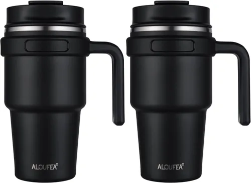 Taza de café aislada de 20 onzas con asa, vaso de viaje de acero inoxidable con tapa y popote, taza térmica de doble pared al vacío a prueba de Negro