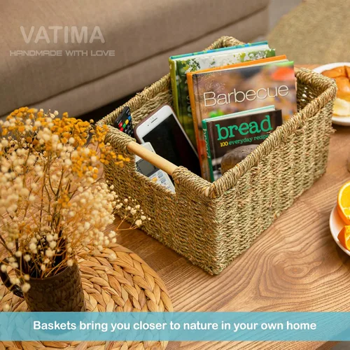 Miniatura 9 de Cesta de hierba marina natural con mango de madera, cesta de mimbre rectangular mediana para sala de estar, 12.2 x 8.9 x 6.7 pulgadas, paquete de 3