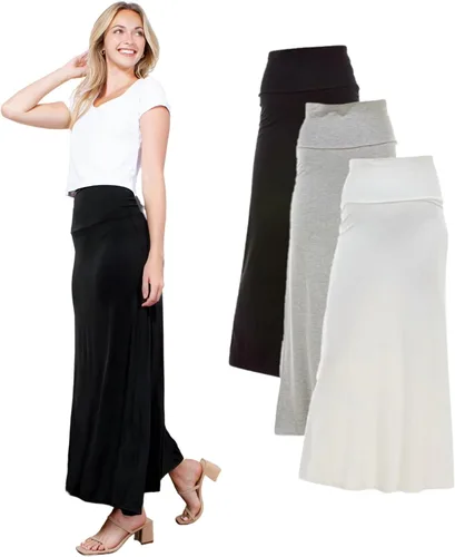 Miniatura 10 de Azules 3 Pack Women’s Maxi Skirt – Soft Stretchy Rayon Fold Over High Waist Long Flowy Boho Skirt for Casual or Dressy Wear