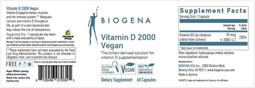 Miniatura 2 de Biogena Vitamina D 2000 Fórmula vegana – Suplemento de vitamina D3 solar para absorción de calcio, apoyo inmunológico – 60 cápsulas**