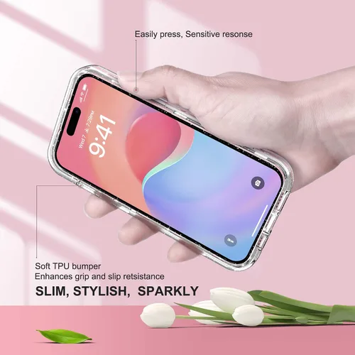 Miniatura 8 de ULAK Funda compatible con iPhone 15 Plus con purpurina, resistente de doble capa de protección a prueba de golpes, funda protectora transparente