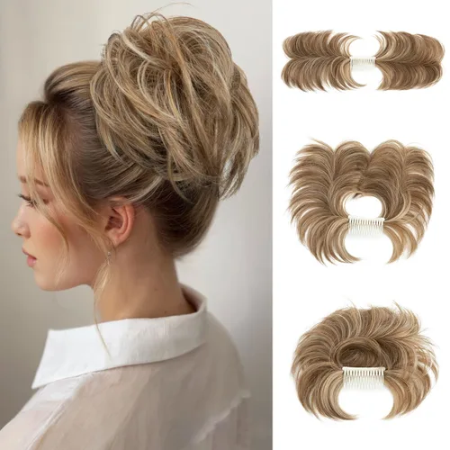Miniatura 14 de Postizo de Cabello de Moño Despeinado con Peine Lateral Clip en Postizo de Moño para Mujeres Corto Natural Liso Versátil Estilos Ajustables Piezas