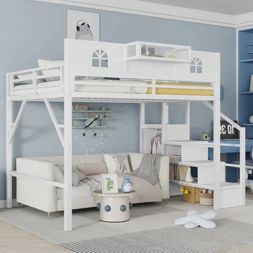 Miniatura 18 de Cama alta convertible de tamaño individual con escaleras de almacenamiento, estantes y armario, marco de cama de metal con barandilla de seguridad