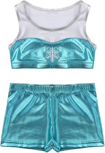Miniatura 6 de iiniim Kids Girls - Conjunto de dos piezas de gimnasia, deportes y danza deportiva brillante con pantalones cortos para bailar
