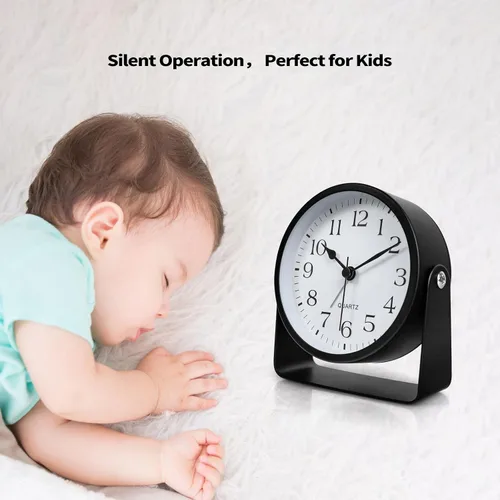 Miniatura 5 de Reloj despertador analógico, silencioso sin tictac, funciona con pilas con luz suave nocturna bajo demanda, reloj de escritorio de metal giratorio