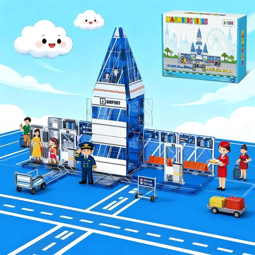 Miniatura 8 de AFUNX - Azulejos magnéticos, set de 54 piezas con tema de aeropuerto, bloques de construcción magnéticos y juguetes educativos STEM para niños