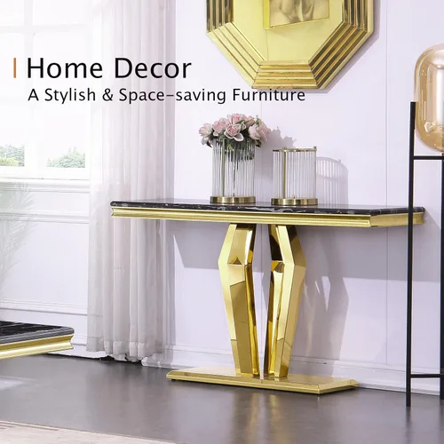 Miniatura 4 de ACEDCOR - Mesa consola moderna, mesa rectangular para sala de estar y entrada con base geométrica de espejo, negro dorado