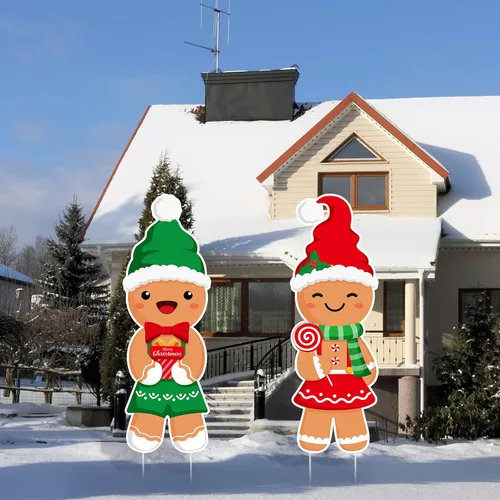 Namalu Paquete de 2 carteles de Navidad para patio al aire libre, con 12 estacas de pan de jengibre para patio, para camino, invierno, Año Nuevo