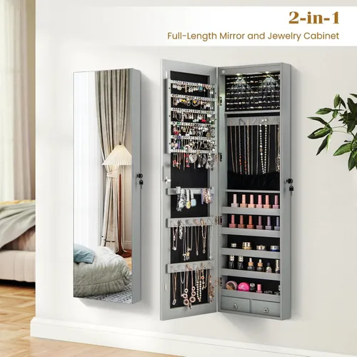 Miniatura 80 de Giantex Armario de joyería para puerta de pared con espejo de longitud completa, 2 LED con cerradura grande organizador de joyas con espejo ancho
