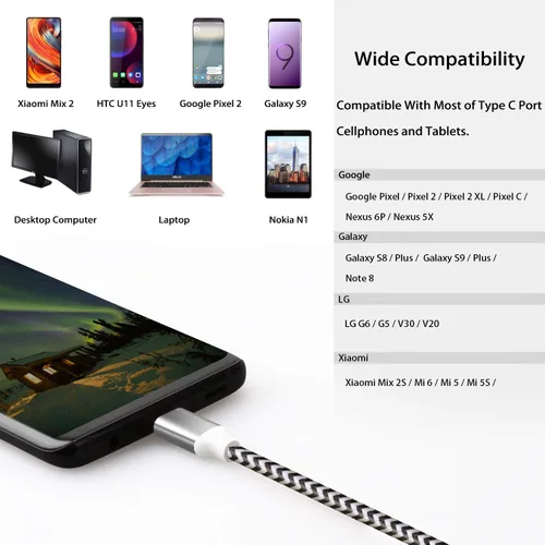 Miniatura 5 de Fasgear Cables USB C a USB A de 10 pies, paquete de 2 cables largos de carga rápida 3A tipo C 2.0, trenzados, compatibles con Galaxy S21 Plus Note