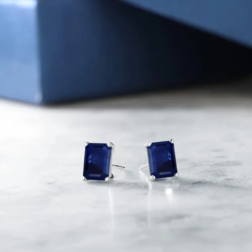 Miniatura 4 de Gem Stone King 14K White Gold Emerald Cut 8X6MM Gemstone Birthstone Stud Earrings For Women
