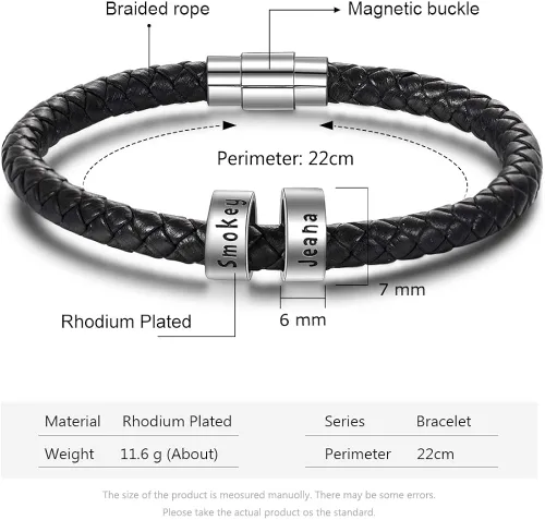Miniatura 2 de Pulsera personalizada con nombres trenzados negros para hombre, hecha a medida con abalorios, joyería inspiradora familiar, regalo para papá, Cuero