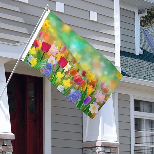 Miniatura 7 de Bandera floral colorida de verano de 3 x 5 pies, doble cara exterior, pancarta grande para exteriores, lavanda de doble costura, tulipanes colgantes