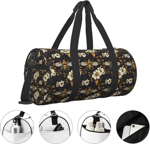 Miniatura 3 de Large Duffle Bag for Travel - Retro Floral Bee Yellow Print Gym Bag for Women Men, Travel Foldable Bags for Women Men with Zippered Multiple Pockets