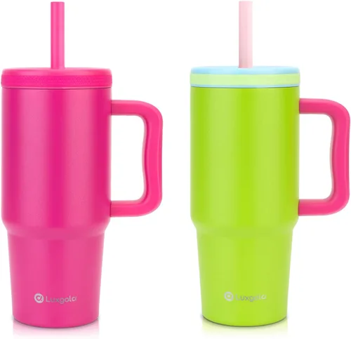Miniatura 19 de Taza para niños de 24 onzas con asa, tapa de rosca a prueba de fugas con pajita de silicona extraíble, a prueba de derrames, botella aislada
