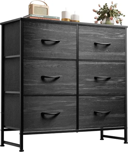 WLIVE Cómoda negra para dormitorio, cómoda de 6 cajones, torre de almacenamiento con cubos de tela, cómoda para armario, sala de estar, pasillo