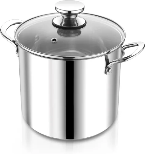 P&P CHEF Olla de acero inoxidable de 8 cuartos con tapa, olla grande para cocinar sopa de pasta, utensilios de cocina para estufas eléctricas de gas