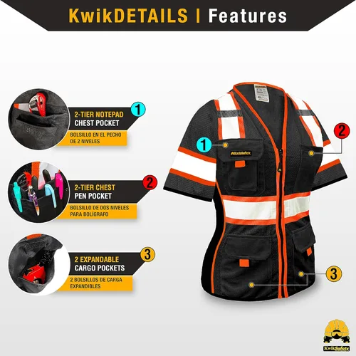 Miniatura 3 de KwikSafety - Charlotte, NC - Men's & Women's Class 3 Safety Vest PPE Hi Vis Reflective ANSI OSHA Negro con mangas Mujer 1 Pack