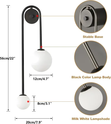 Miniatura 2 de Lámpara de Pared Moderna con Globo de Vidrio de 2 Luces, Aplique de Pared de Latón Doblemente Cepillado, Iluminación de Mediados de Siglo, Lámpara