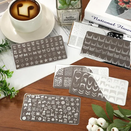 Miniatura 7 de Whaline Juego de 6 placas de estampado de uñas de guepardo y cerezas, arco de estrella de leopardo, cereza, placa de arte de uñas para bricolaje