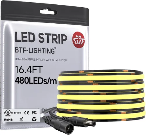 BTF-LIGHTING FCOB COB - Tira de luces LED COB 480LED/m, flexible, de alta densidad, 9W/m, 16.4 pies, DC12V, blanco cálido, 2700 K, CRI 90+ 0.315 in