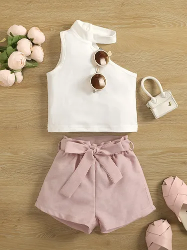 Miniatura 5 de SheIn Conjunto asimétrico de dos piezas para niña sin mangas y pantalones cortos