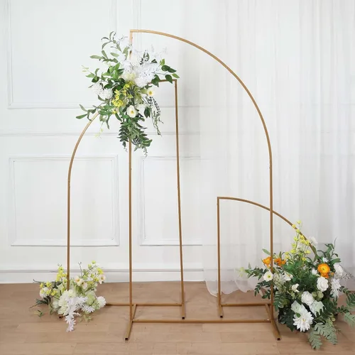 Miniatura 6 de Tableclothsfactory Soporte para telón de fondo de arco de boda de metal dorado de 5 pies, diseño floral de media luna