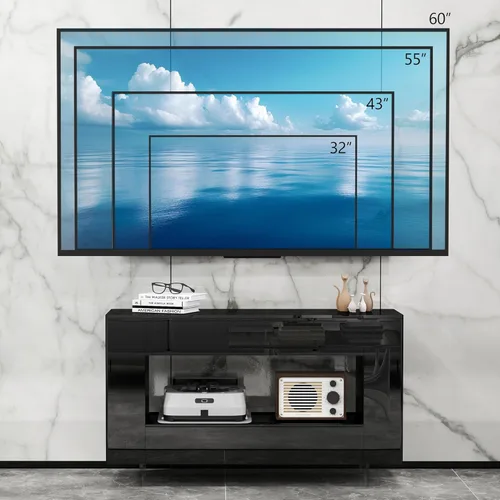 Miniatura 8 de Mueble de TV de alto brillo con 2 cajones grandes y puertas abiertas, moderno mueble de almacenamiento para consola de TV para sala de estar, Negro