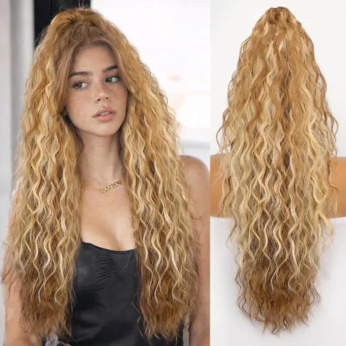 Miniatura 70 de ORSUNCER Extensión de cola de caballo de 18" con pinza rizada, cola de caballo esponjosa, extensiones de pelo sintético de aspecto natural para mujer