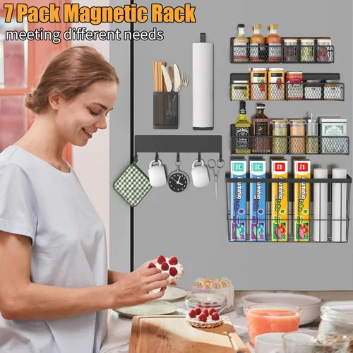 Miniatura 6 de Estante magnético para especias para refrigerador, paquete de 7 estantes magnéticos fuertes 100% de metal, organizador de especias con soporte