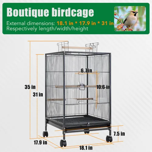 Miniatura 7 de BestPet Jaula de hierro forjado de 35 pulgadas con parte superior abierta y soporte rodante, jaula grande para loros, jaulas para periquitos