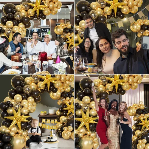 Miniatura 7 de Kit de arco de guirnalda de globos negros y dorados con globos de estrella en explosión, globos de látex de confeti de oro negro de 5/10/12/18