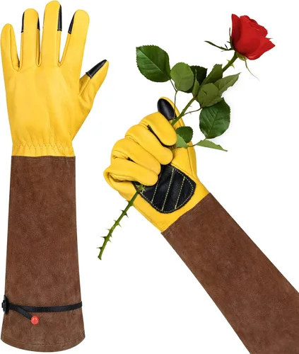 Miniatura 8 de Guantes largos de jardinería para mujeres, a prueba de espinas, guantes de cuero de vaquilla para poda de rosas, para cactus, rosas y moras