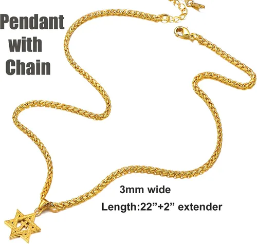 Miniatura 37 de U7 - Collar con Estrella de David para hombres y mujeres, dije hexagonal de acero inoxidable con cruz/piedra de rubí/collares clásicos judíos