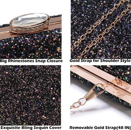 Miniatura 5 de CARIEDO Bolso de mano brillante para mujer, elegante bolsa de noche con purpurina para baile, boda, fiesta, graduación, novia, Decoración
