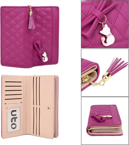 Miniatura 5 de UTO Cartera de piel sintética para mujer, de gran capacidad, colgante de gato, soporte para teléfono, organizador de chequera, con cremallera