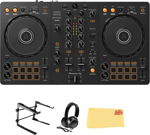 Pioneer DJ DDJ-FLX4 Controlador de DJ de 2 canales, paquete negro con soporte para portátil, auriculares y paño de pulido Austin Bazaar