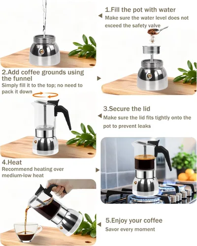 Miniatura 8 de Cafetera para estufa, cafetera de café expreso, fácil de preparar 4 tazas, 6.7 onzas, 6.8 fl oz, vidrio de borosilicato alto, acero inoxidable